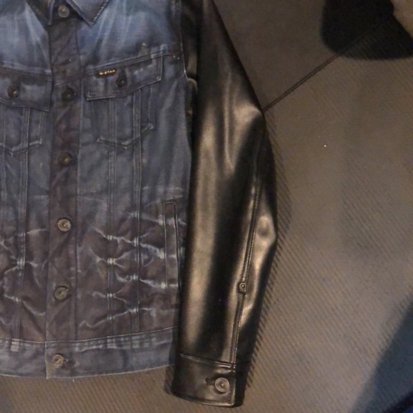 G-Star Raw Inked Denim Dark Blue Jean Jacket w/Authentic Leather Biker Sleeves - Picture 5 of 16